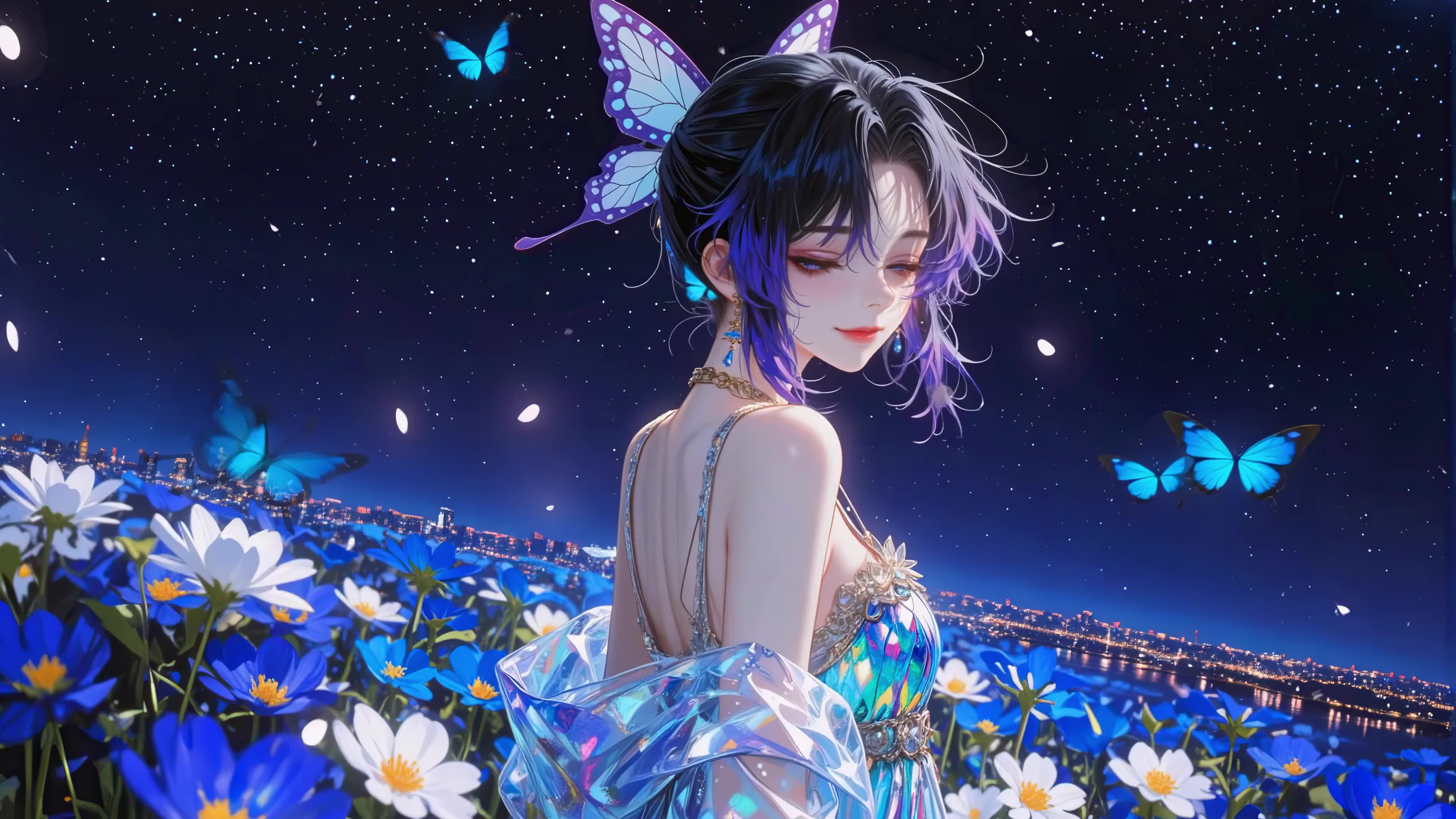 蓝夜蝶语花丛少女