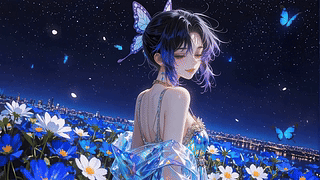 蓝夜蝶语花丛少女