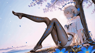 花树下的休闲银发少女