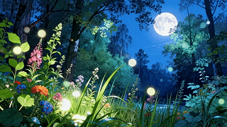 月夜森林萤火花丛