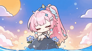 落日海边Q版粉发少女