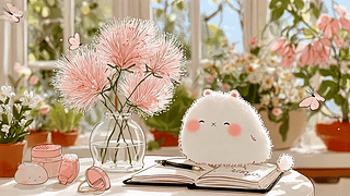 窗边粉花软萌团子