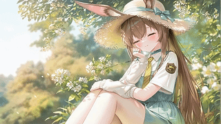 树荫花丛下的兔耳少女