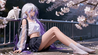 樱花树下紫发少女与猫