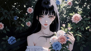 玫瑰丛中的黑发少女