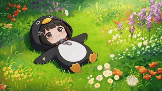 青草地的企鹅装扮少女