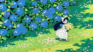 绣球花丛旁的少女