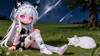 星空草地猫耳少女与白猫