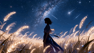 星空旷野下的少女