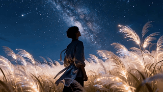 星空芦苇荡中的少年