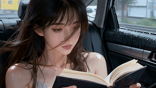 雨天车内的阅读少女