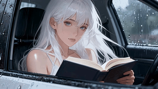 雨天车内看书的白发少女