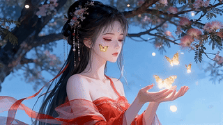 花下金蝶红衣佳人