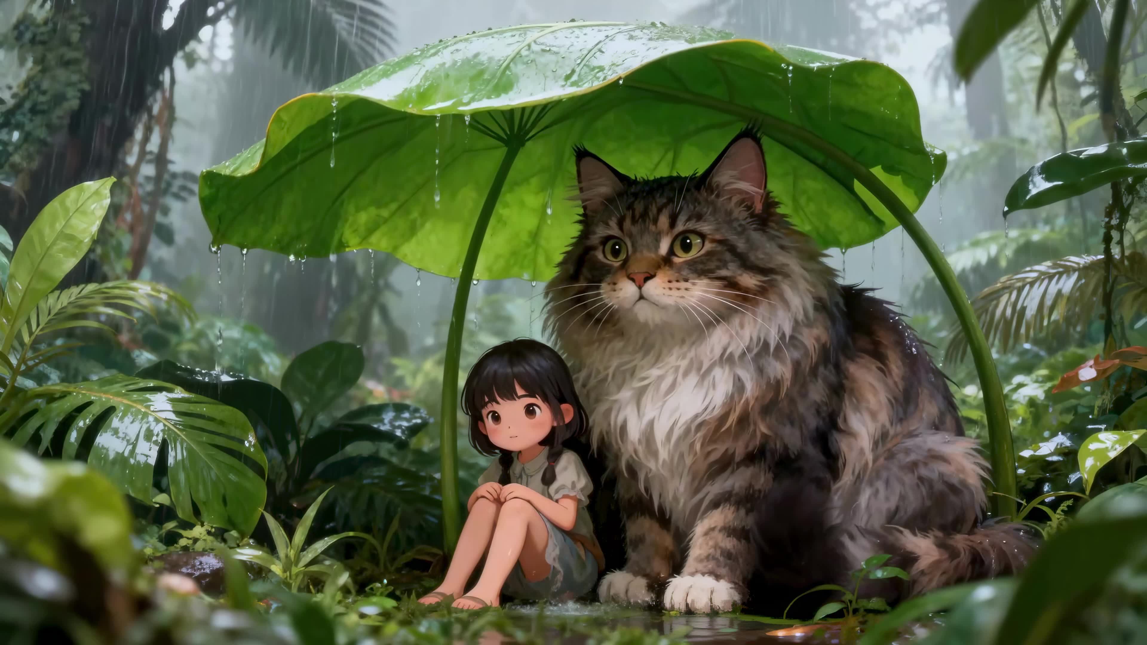 雨林躲雨的女孩与巨猫