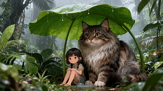 雨林躲雨的女孩与巨猫