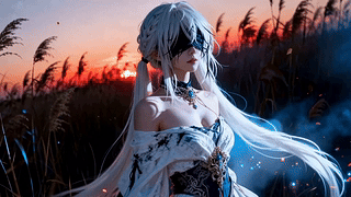 黄昏芦苇地的银发蒙眼少女
