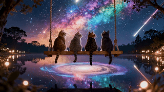 四只猫咪共赏绚烂星空