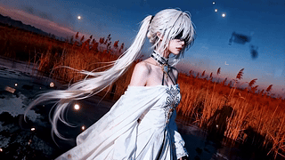 暮色芦苇畔的白发少女