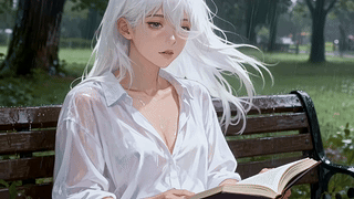 雨中公园看书的白发少女