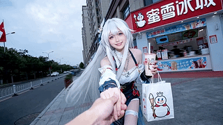 街边买奶茶的白发少女