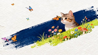 花间萌猫戏蝶