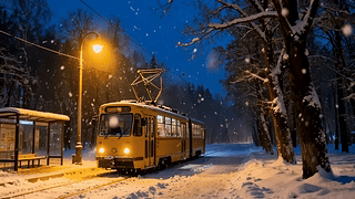 雪夜林间暖光电车