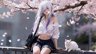 樱花下的少女与白猫
