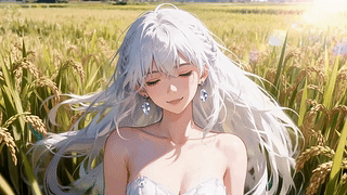 稻田中的白发少女