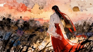 落霞下的红衣旅人 动态壁纸 | 作者：偶然