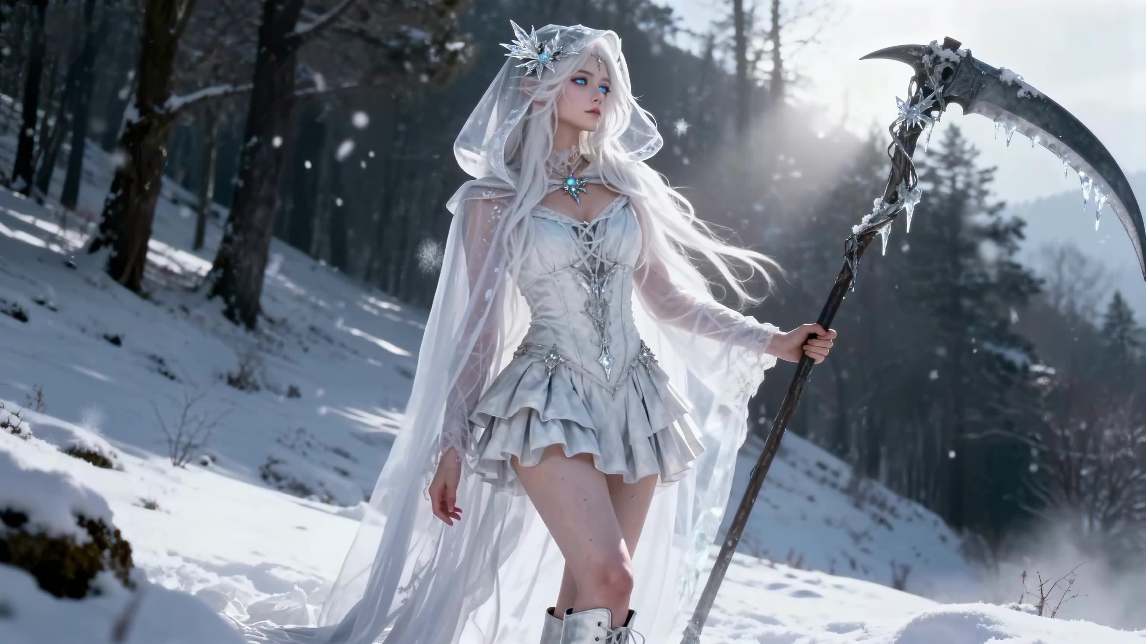 冰雪林间的银发少女