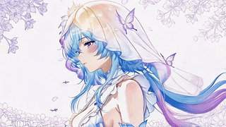 花下蓝发少女侧影