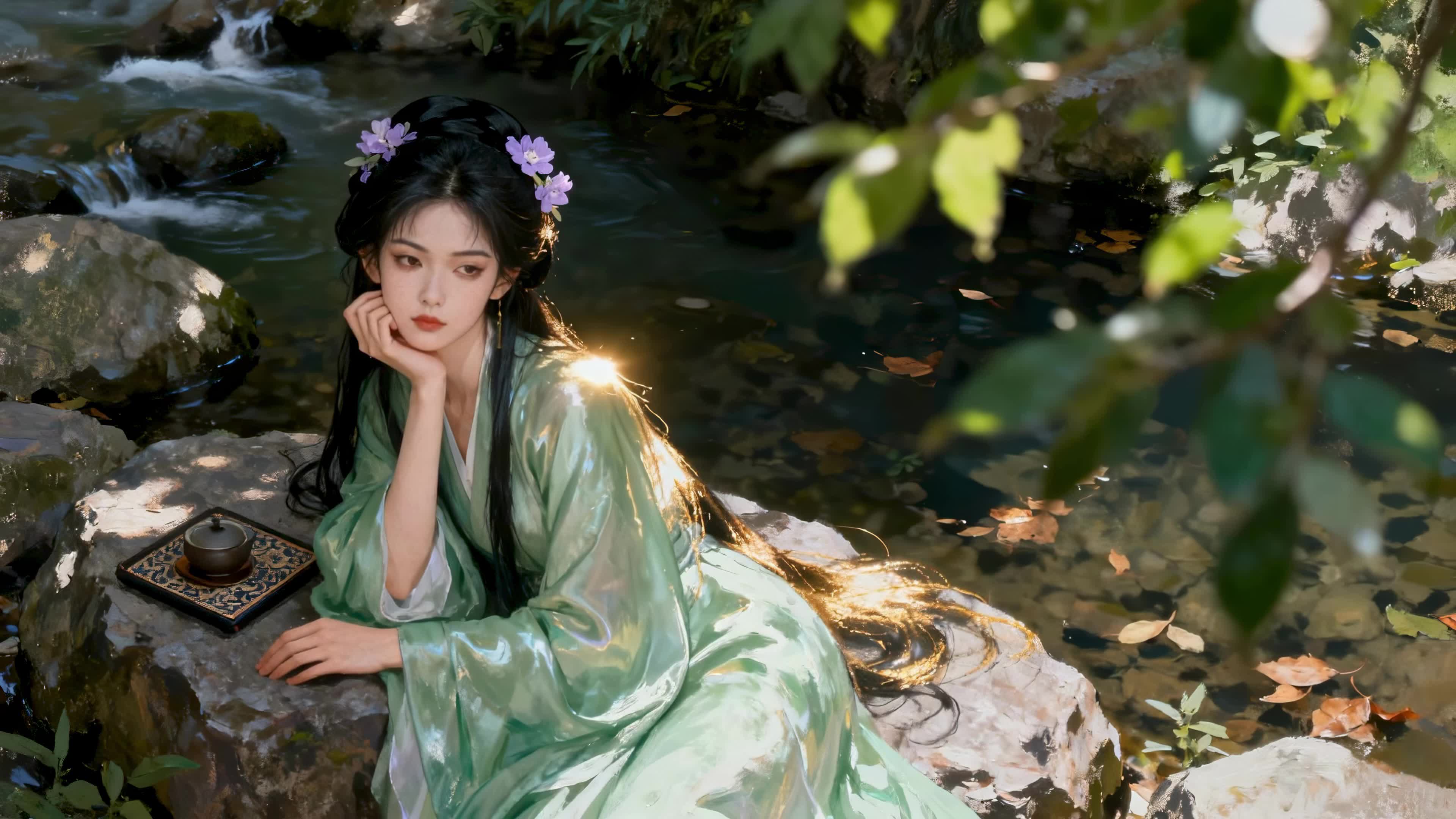 溪边休憩的青衣女子