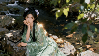 溪边休憩的青衣女子