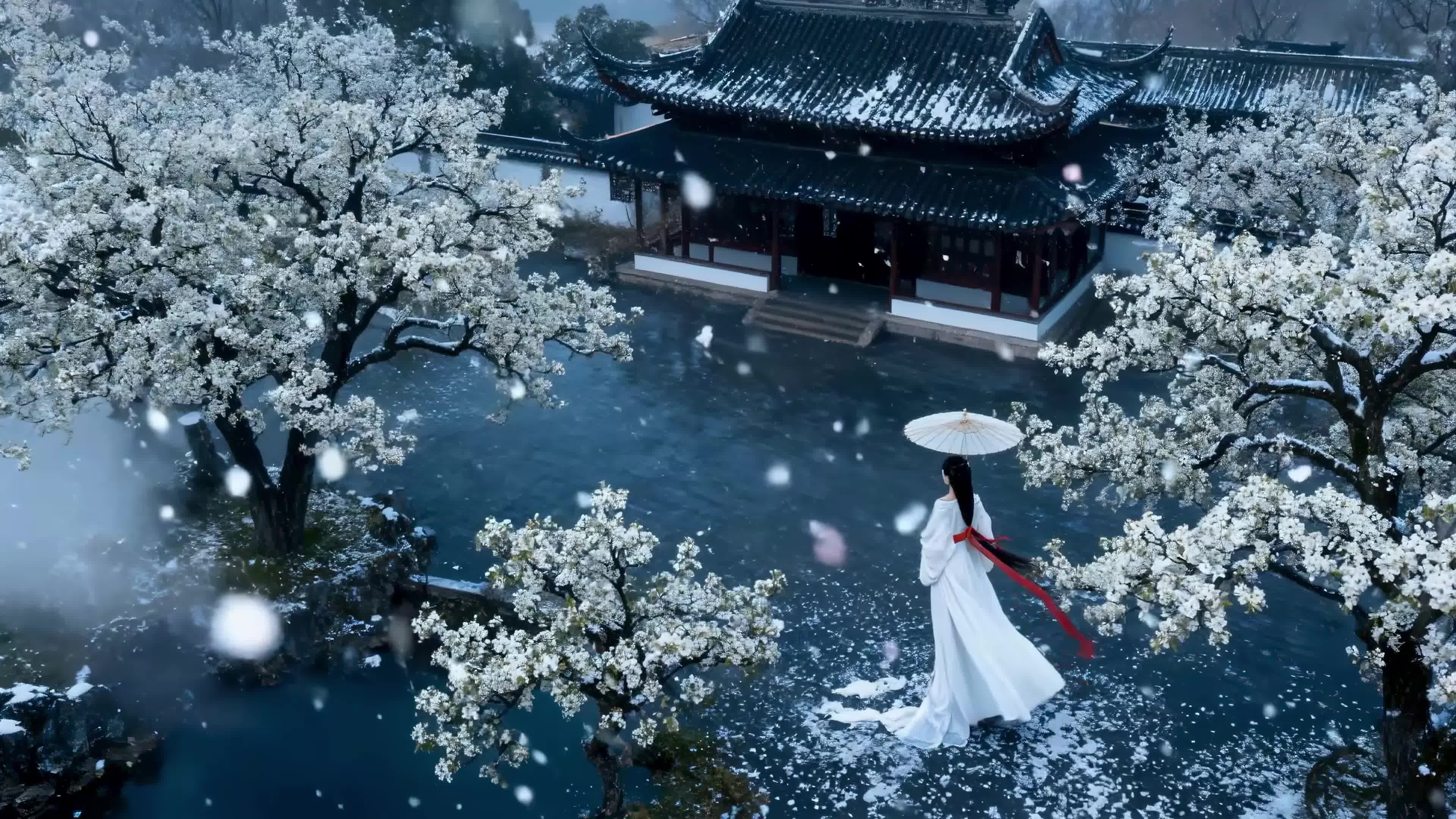庭院落雪伊人行