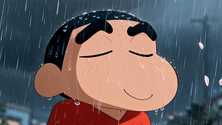 雨中微笑的卡通男孩