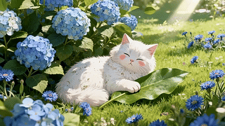 绣球花丛中的软萌小白猫