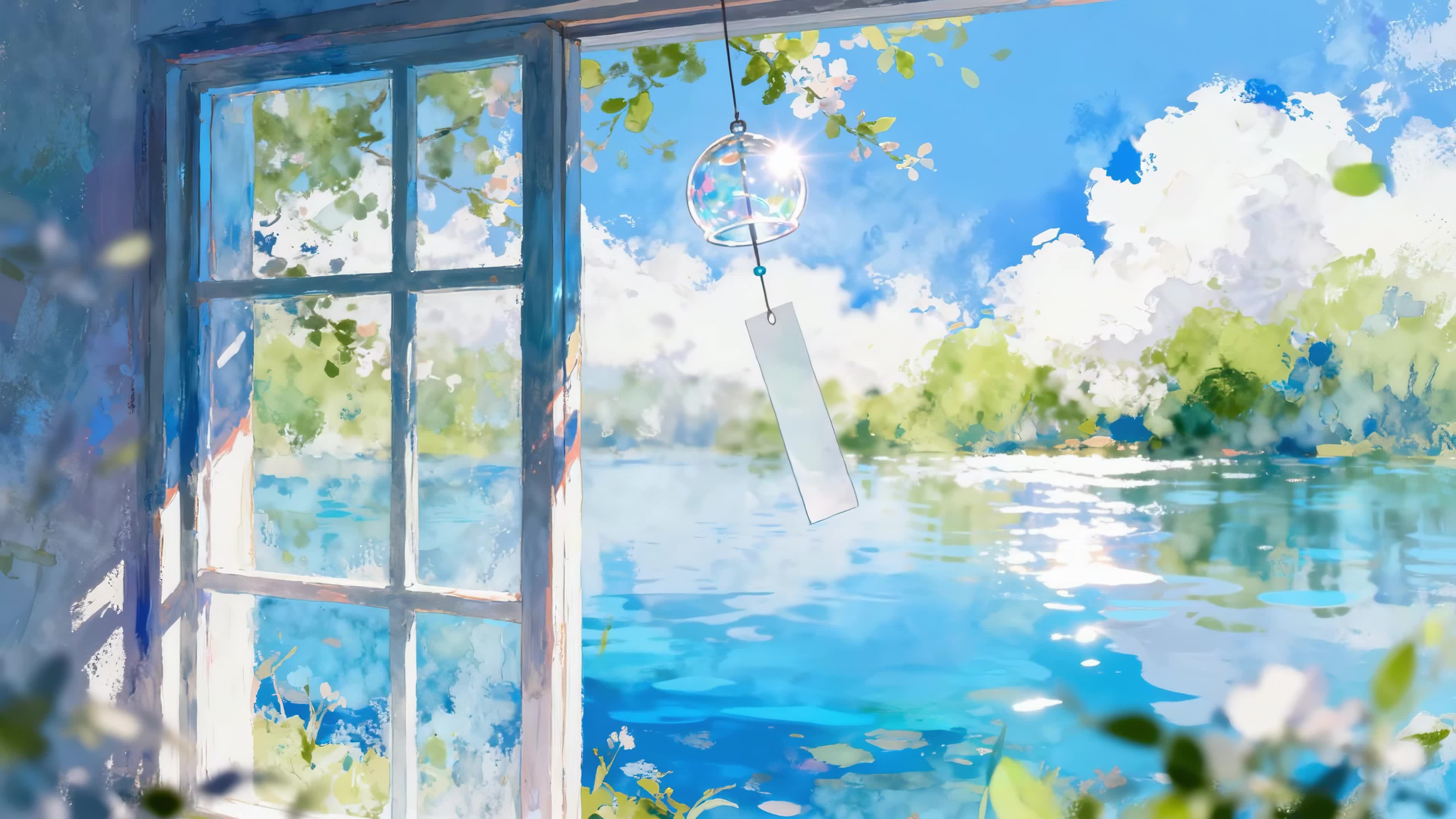 夏日窗边风铃湖景