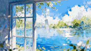 夏日窗边风铃湖景
