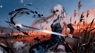 暮色苇丛持刀少女
