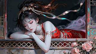 红衣古风美人凭窗小憩