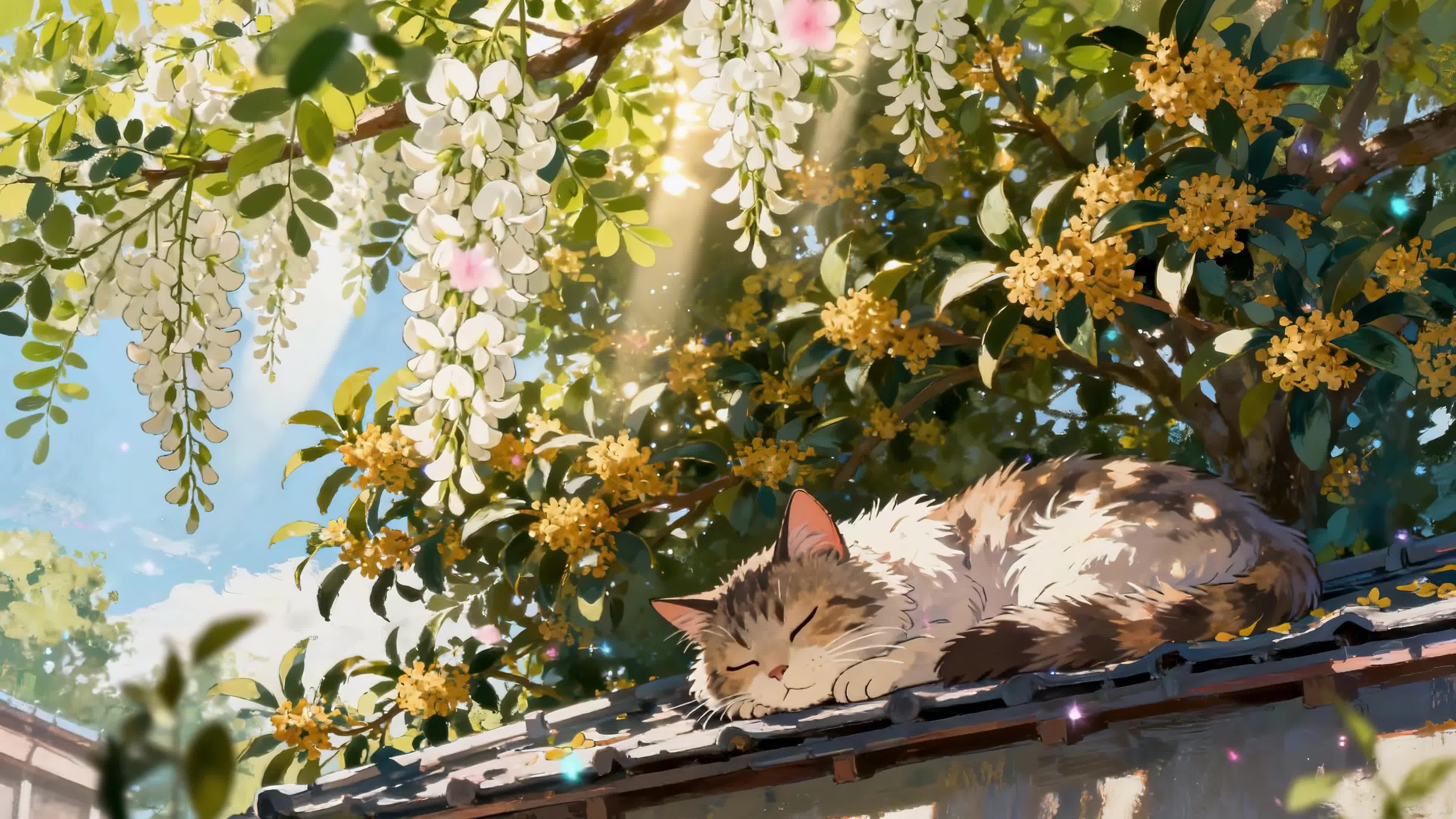 花荫下安睡的小猫