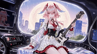 持电吉他的粉发都市少女