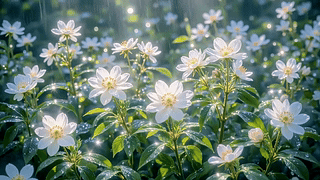 雨后晴光白花丛