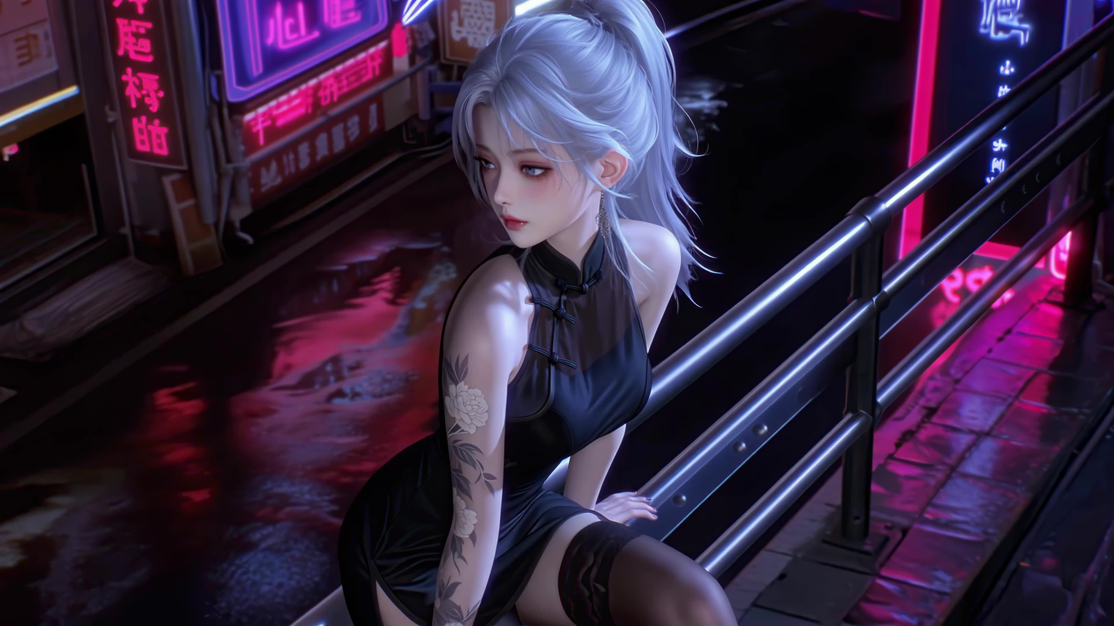 霓虹街头银发少女