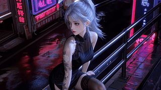 霓虹街头银发少女