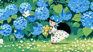 绣球花田中漫步的少女