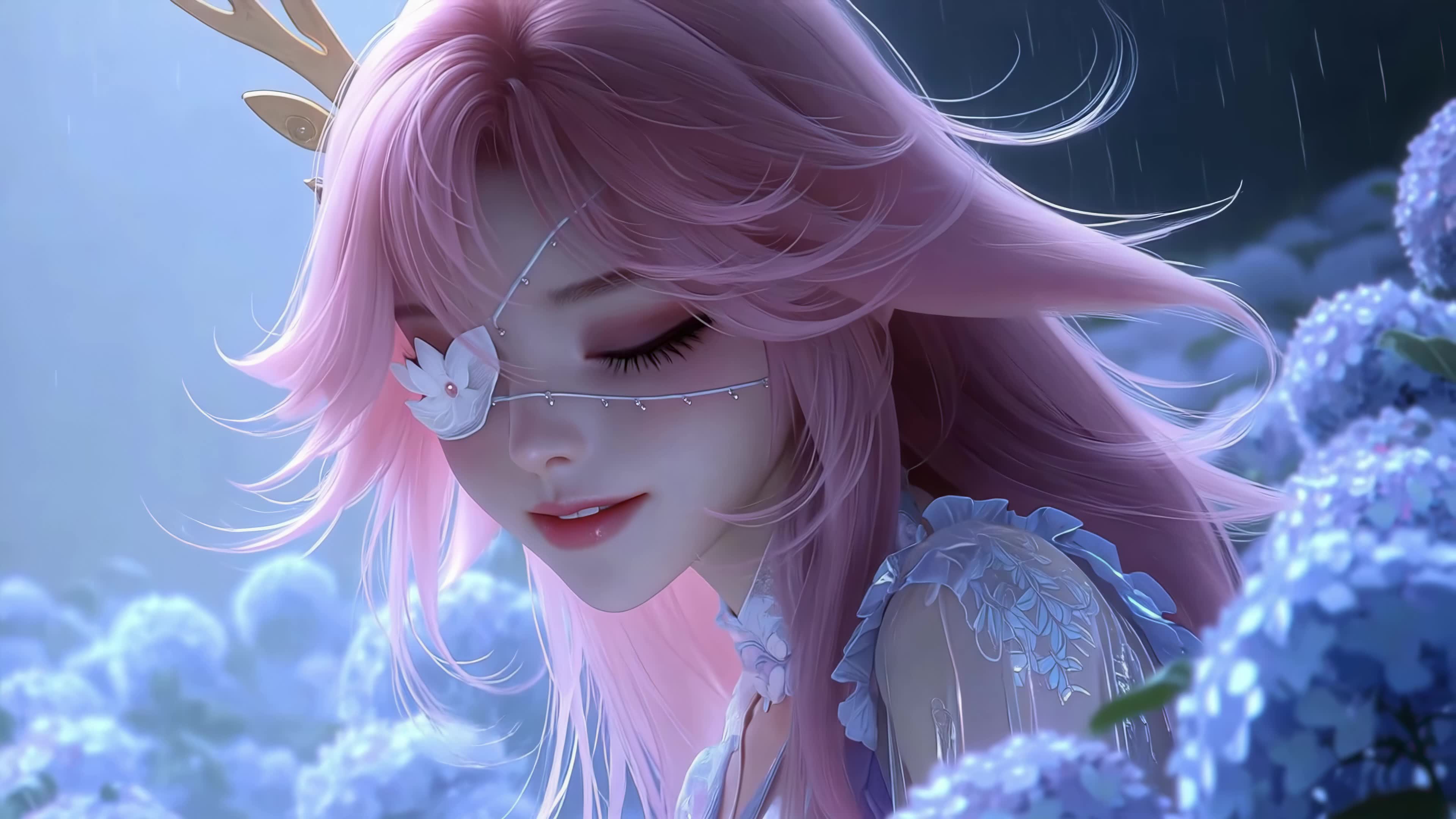 雨中粉发少女