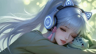 柔光下的银发耳机少女