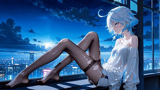 深夜窗边的蓝发少女