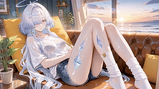 海滨日暮银发少女